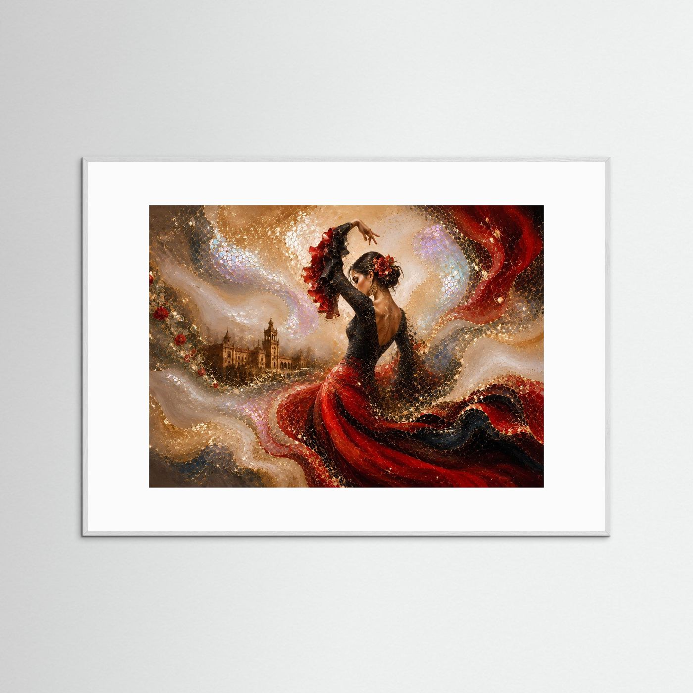 Wandkunst mit Flamenco-Tänzerin in Rot und Schwarz, goldene Deko, weißer Rahmen