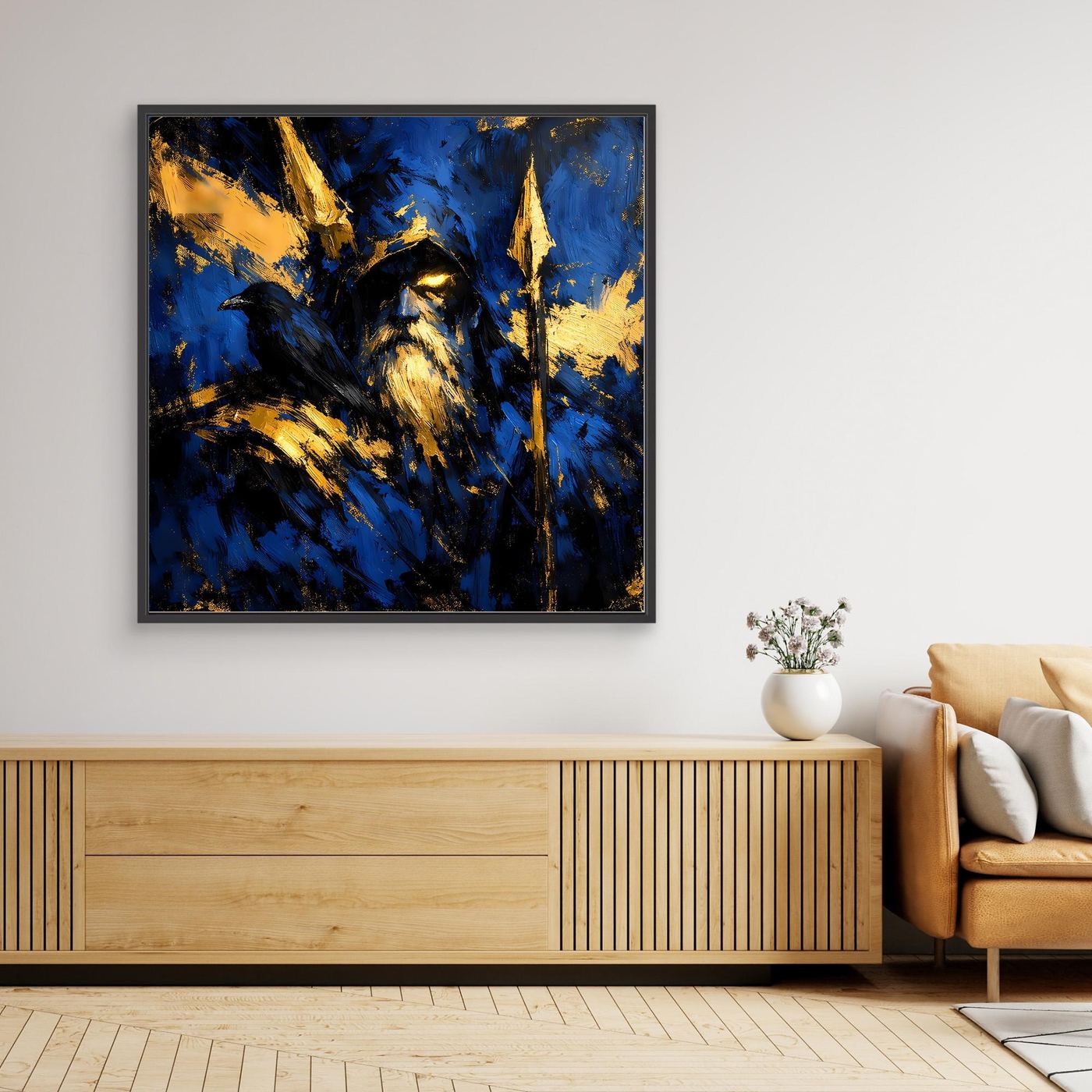 Leinwand Odin der Allvater in Blau und Gold | Modernes Nordische Mythologie Wandbild mit Rabe