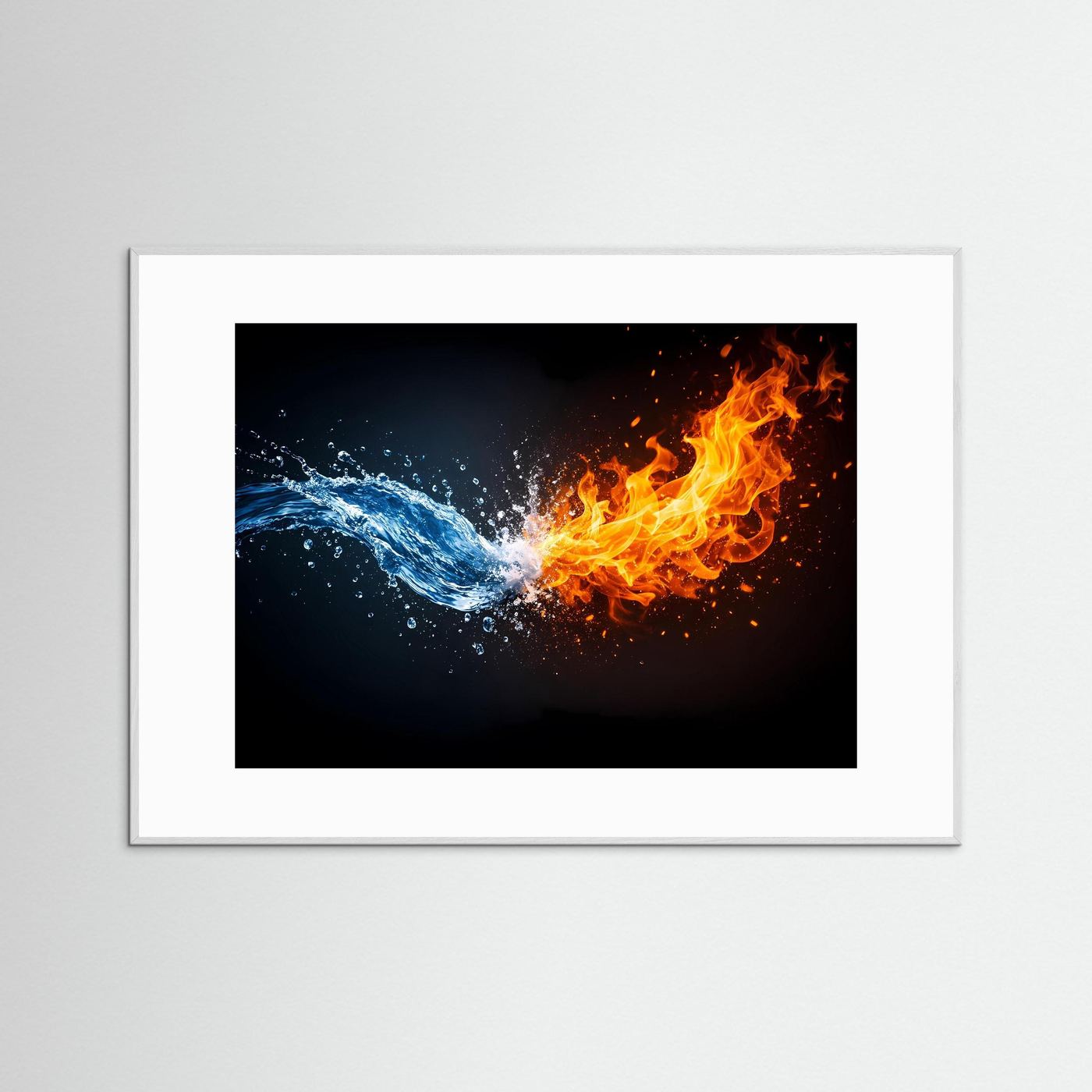 Abstraktes Panorama-Poster im Querformat: Feuer trifft Wasser, weißer Rahmen