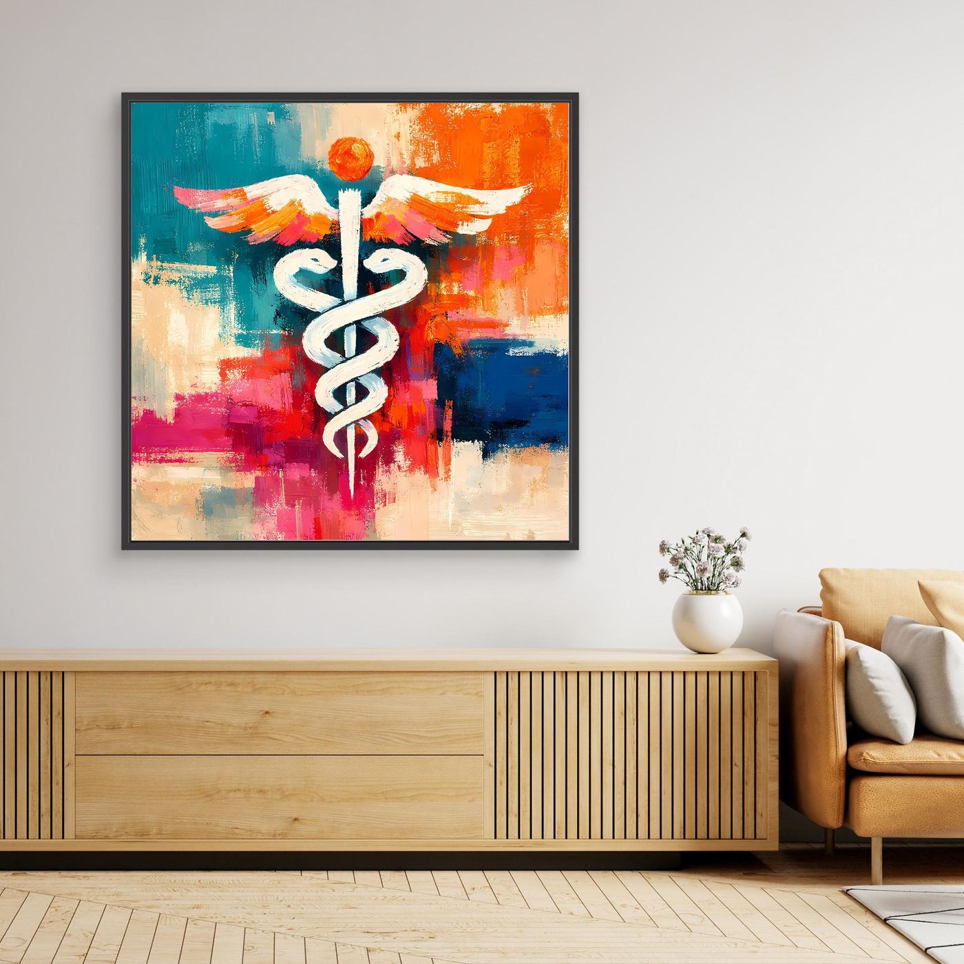 Abstract medical canvas wall art with staff symbol, teal/orange multicolor, black frame