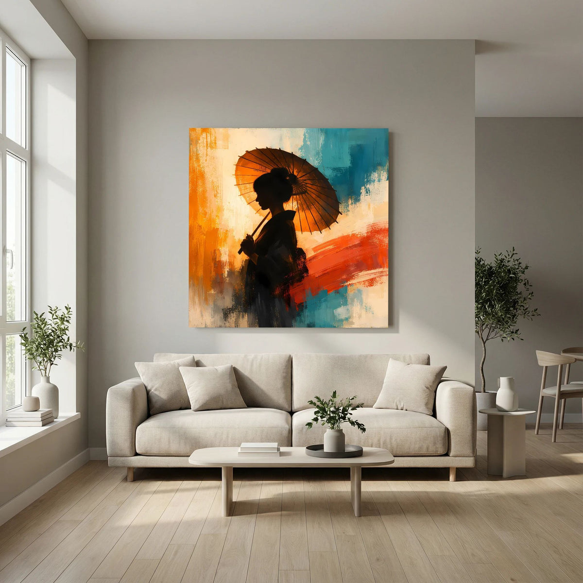 Keilrahmen-Leinwand: Frau mit Sonnenschirm in Schwarz, orange-blaue Farbflächen und Striche