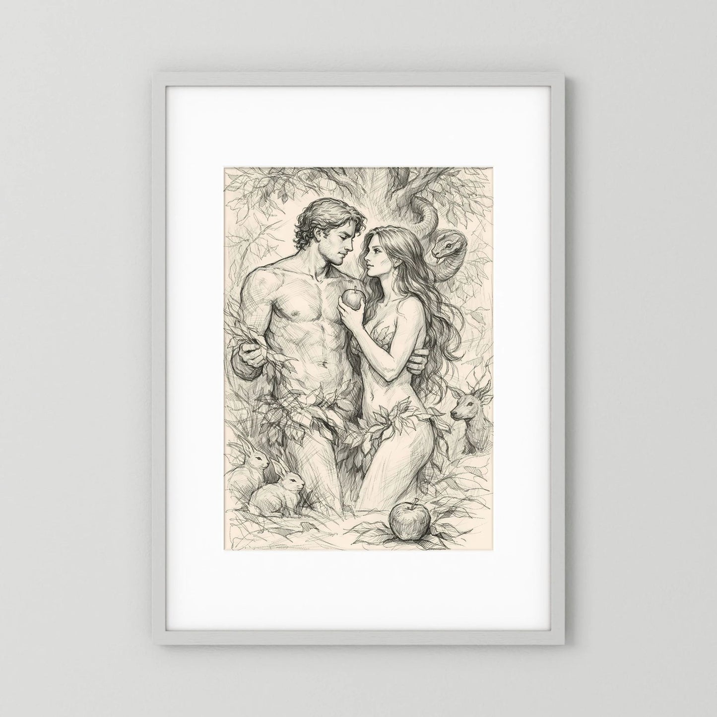 Hochformat-Poster mit Bleistiftzeichnung: Adam und Eva, Schlange und Apfel im Rahmen