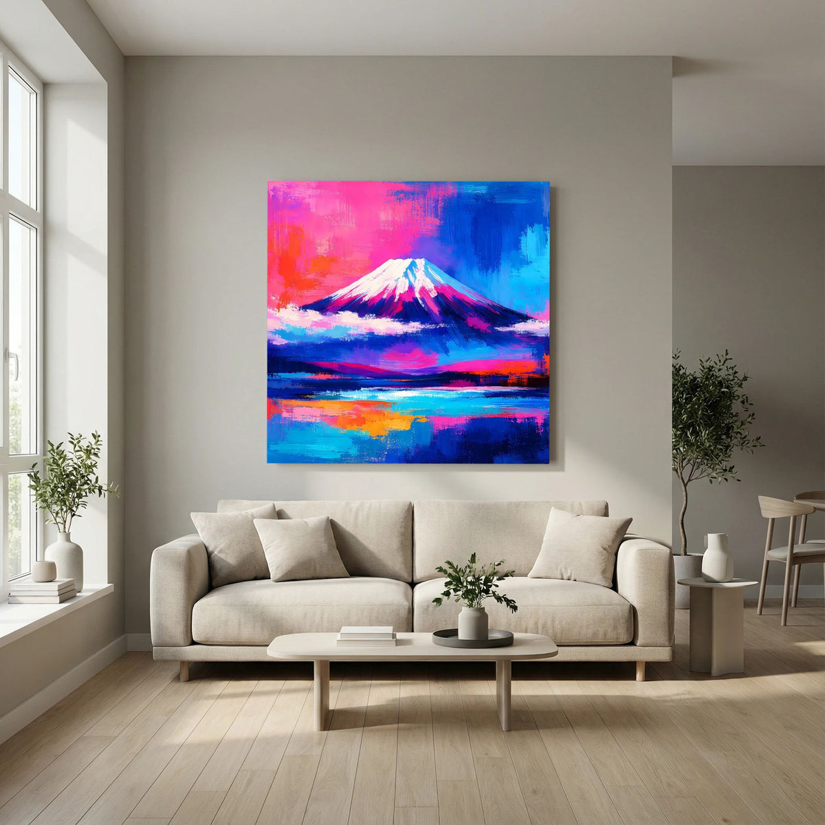 Abstraktes Leinwandbild mit Fuji-Berg, kräftigen Blau-Rosa-Farbfeldern und Horizont