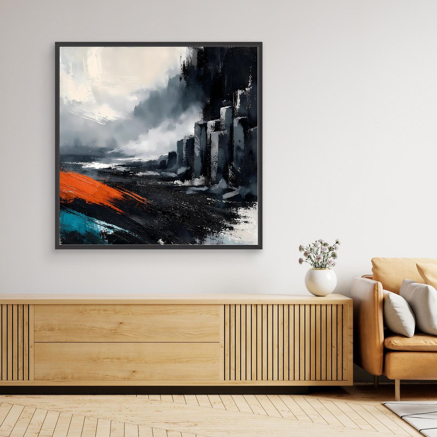 Leinwand Abstraktes Basaltsäulen Gemälde | Modernes Isländisches Vulkan Wandbild Schwarz Orange