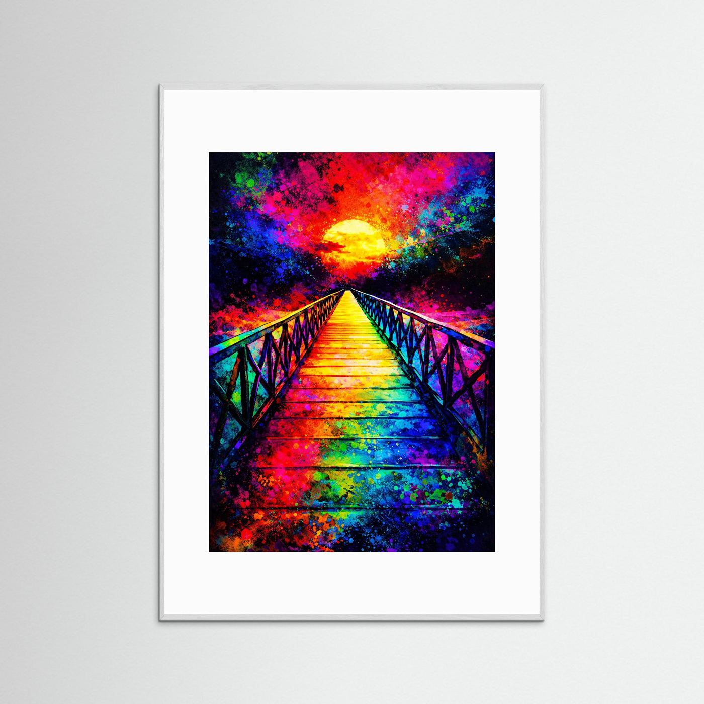 Abstraktes Leinwandbild: bunte Brücke zum Sonnenuntergang, weiß-grauer Rahmen