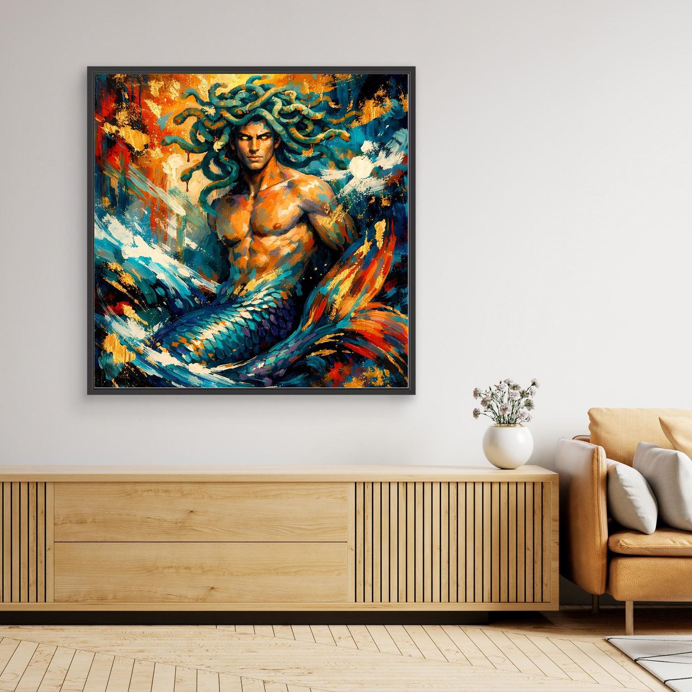 Leinwandbild Meermann-Motiv, bunt gemalt, schwarzer Rahmen