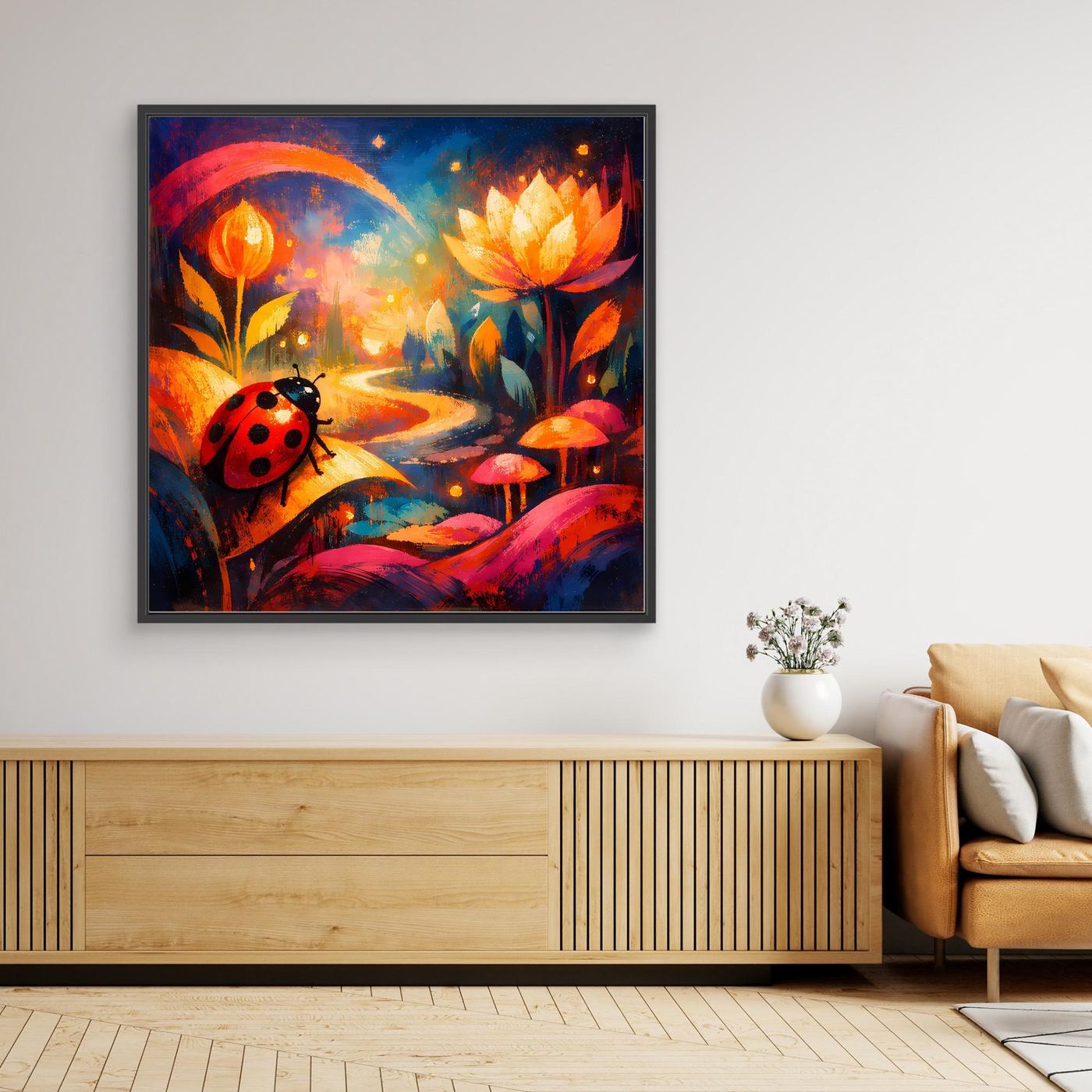 Gerahmtes Leinwand-Wandbild mit Marienkäfer auf farbenfrohem Pfad, schwarzer Rahmen