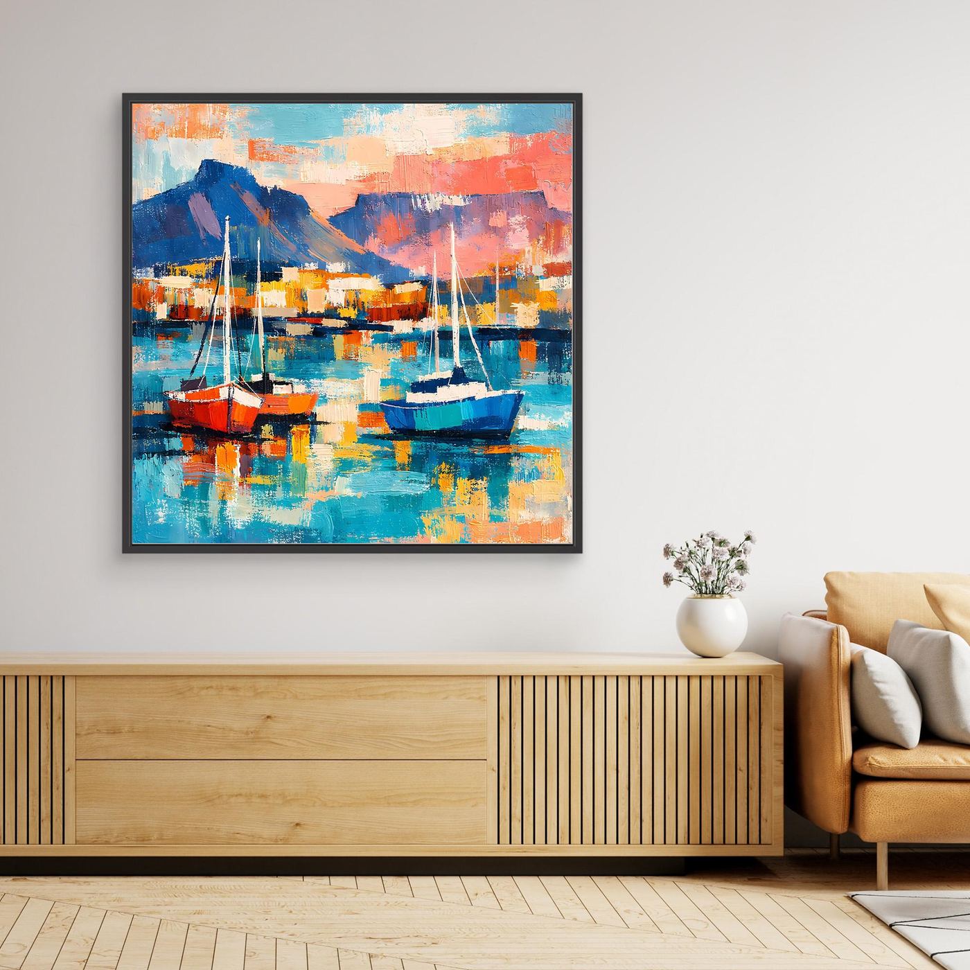 Abstraktes Segelboot-Wandbild auf Leinwand mit schwarzem Rahmen, Hafen mit Booten
