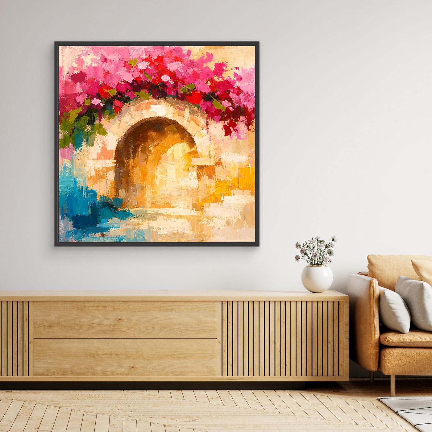 Leinwand Abstrakter Torbogen mit Bougainvillea | Modernes Mediterranes Wandbild Italien