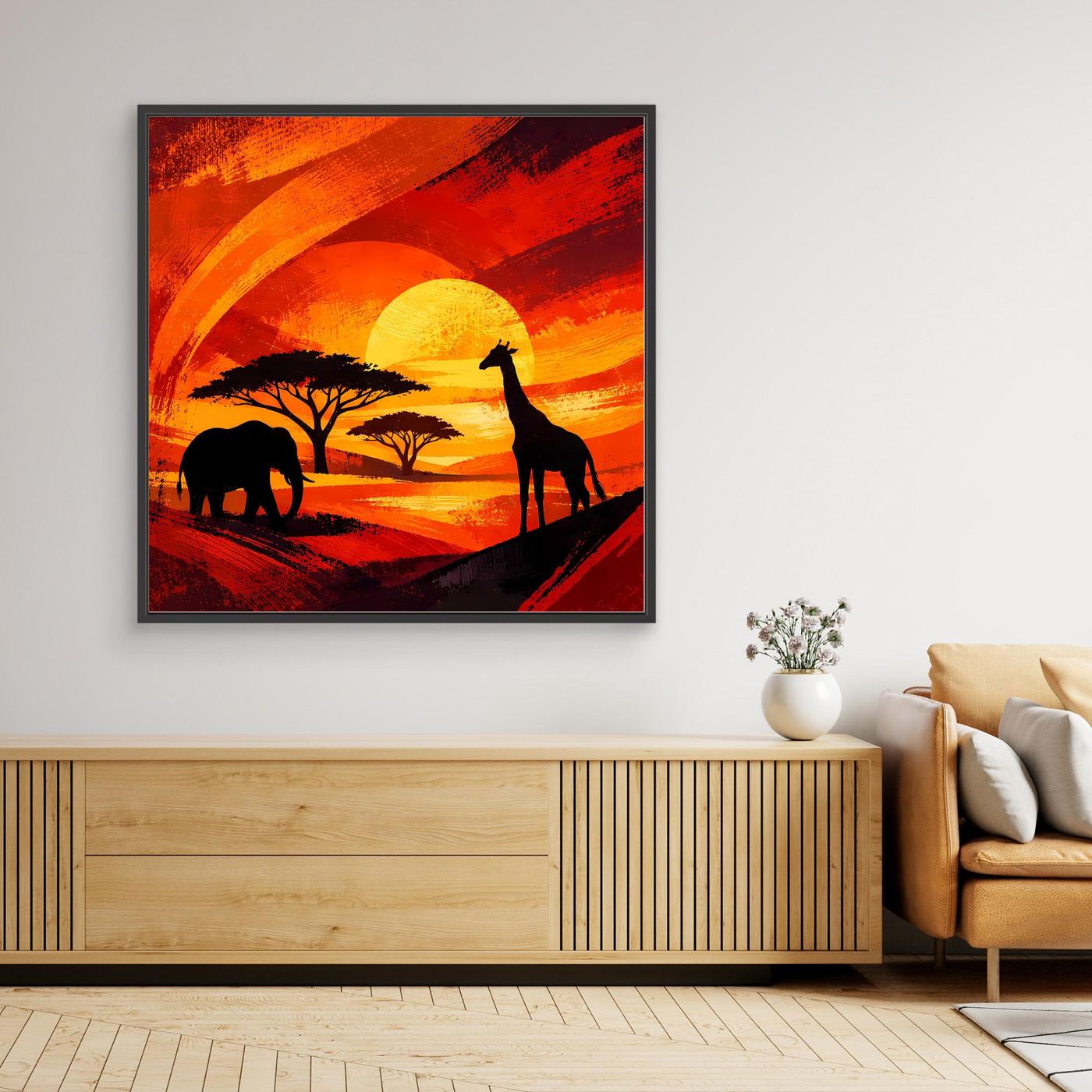 Gerahmtes Leinwandbild mit Savannen-Silhouetten (Giraffe, Elefant), warmes Orange, schwarzer Rahmen