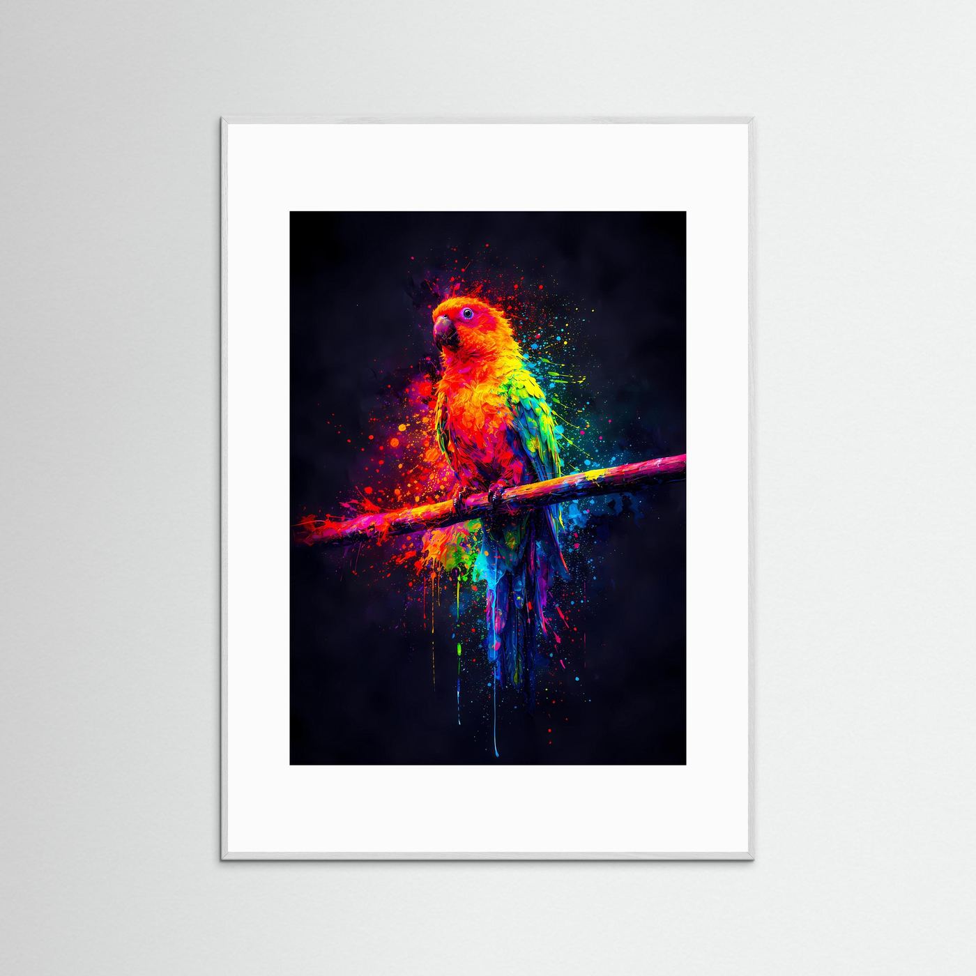 Tropische Farbexplosion | Neon Papagei Poster in bunten Regenbogenfarben | Abstraktes Kunstposter Hochformat