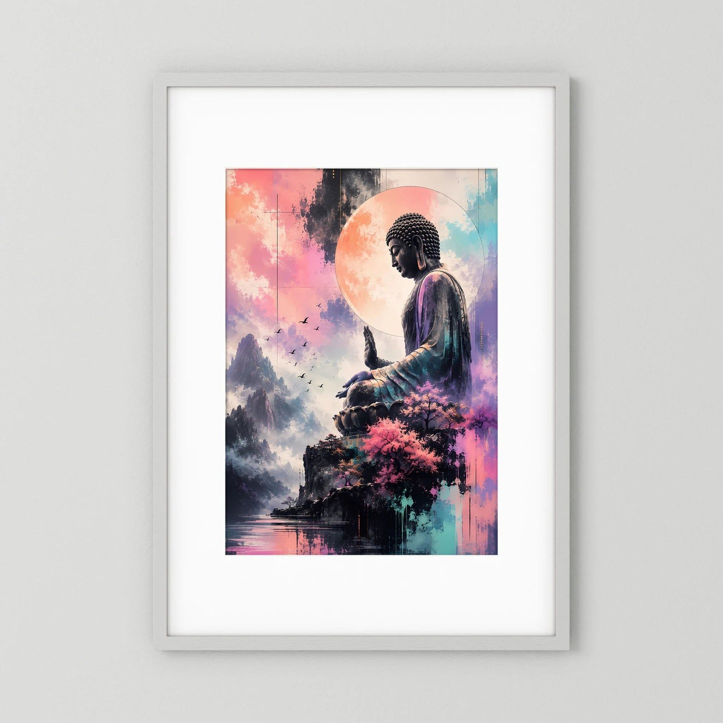 Meditierender Buddha im Pastell, mit Bergen und Kirschblüten, Hochformat im Rahmen