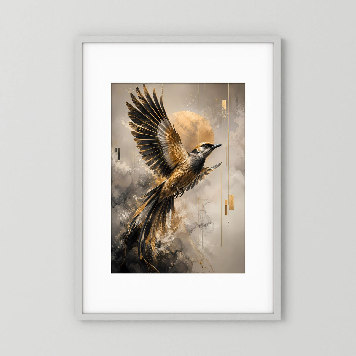 Elegantes Vogel-Kunstposter: goldene Flügel auf schwarzem Körper, hochformatig