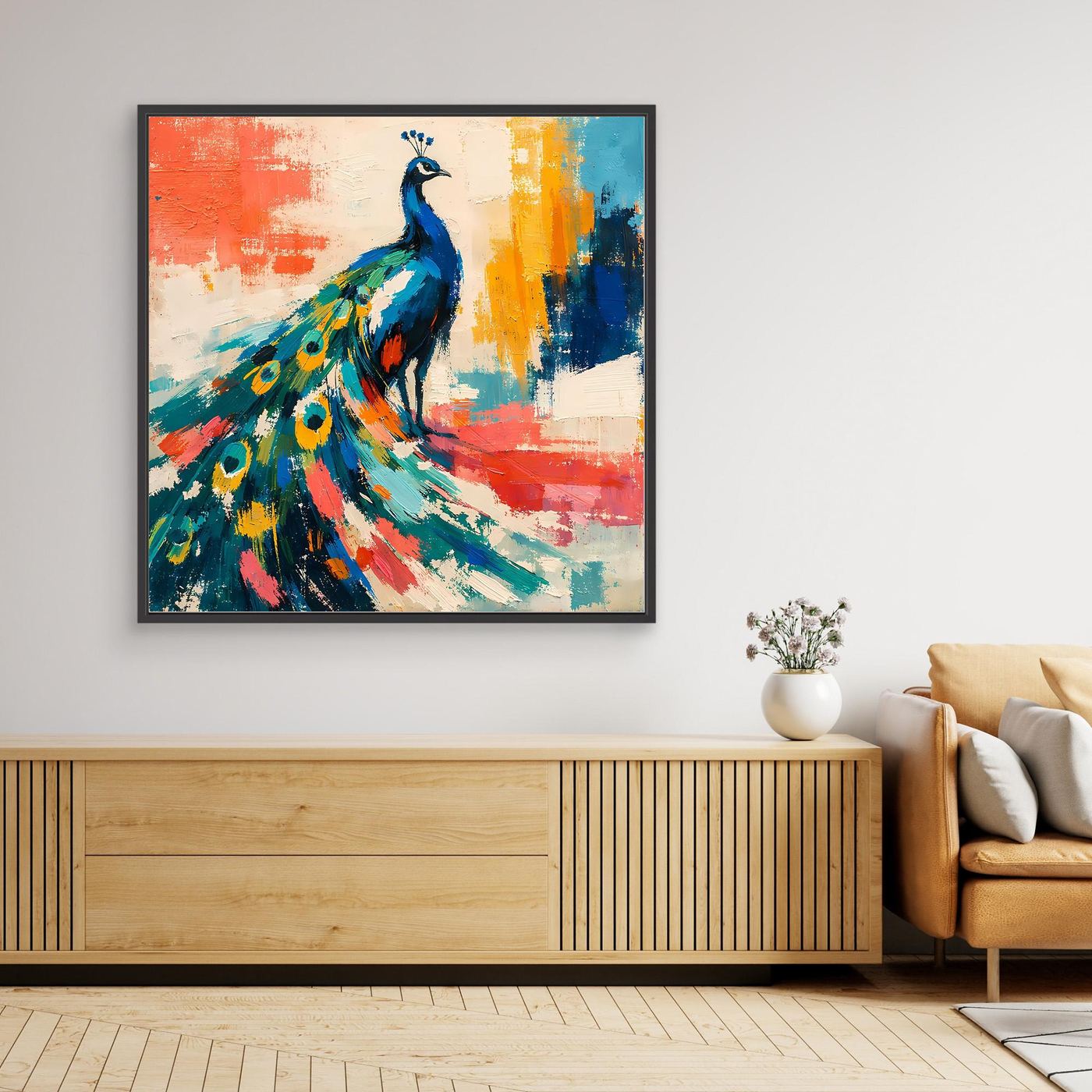 Black-framed abstract peacock canvas wall art with blue bird and multicolor feather strokes.