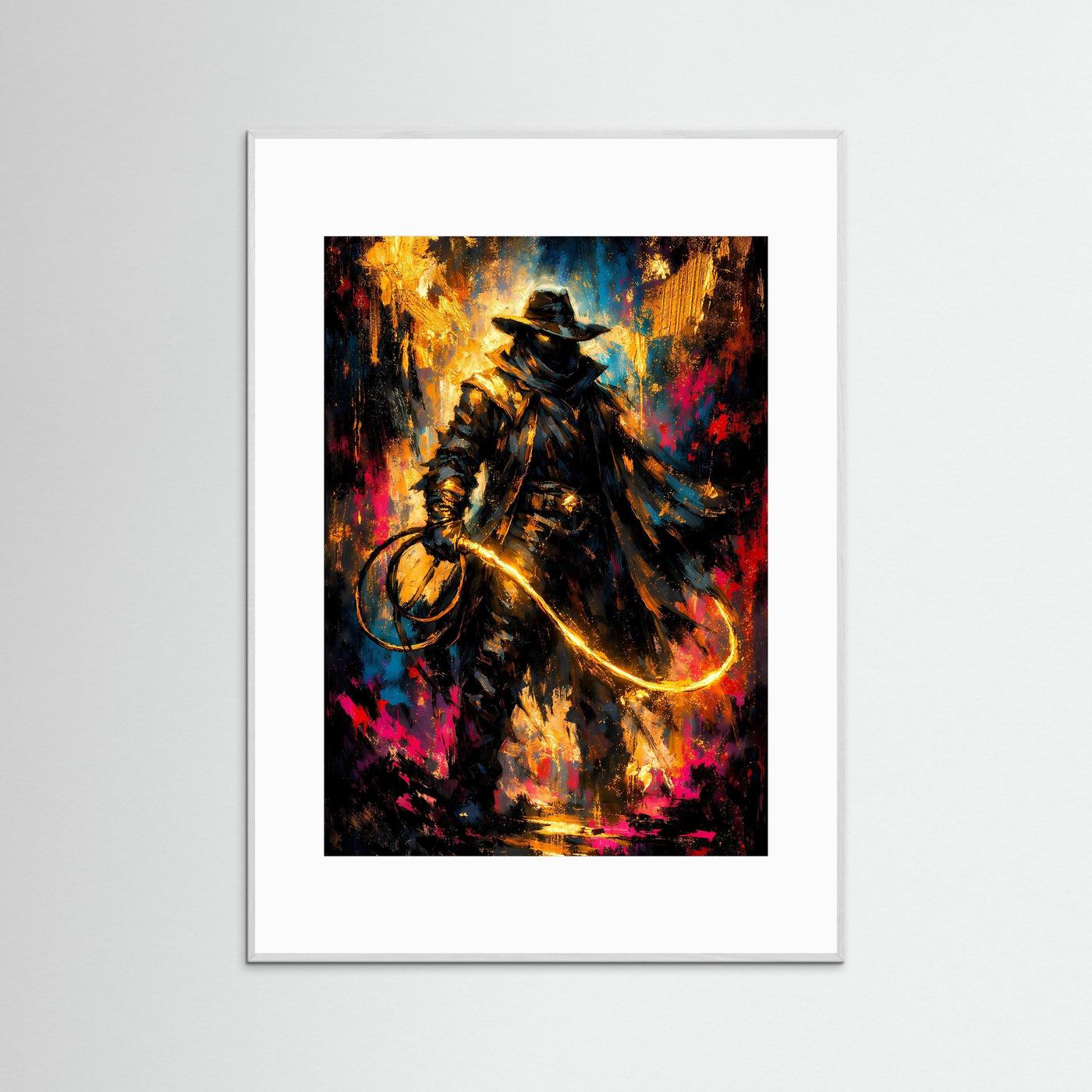 Cowboy-Poster im Hochformat mit goldener Peitsche, bunt abstraktes Motiv im hellgrauen Rahmen