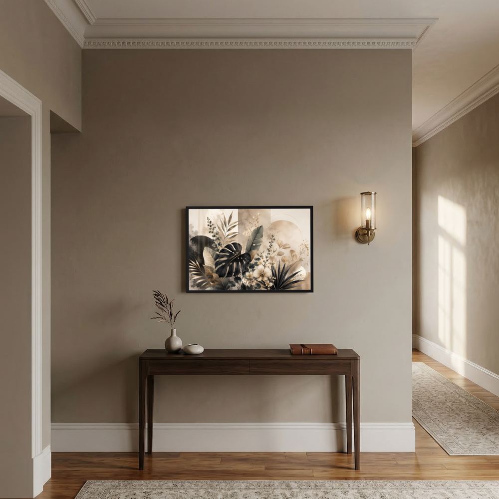 Querformat-Poster mit abstrakter Botanik, Monstera- und Blattmotive in Beige, Schwarz, Gold