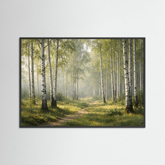 Lichtdurchfluteter Birkenhain im Morgenlicht | Panorama Wald & Natur Poster Querformat