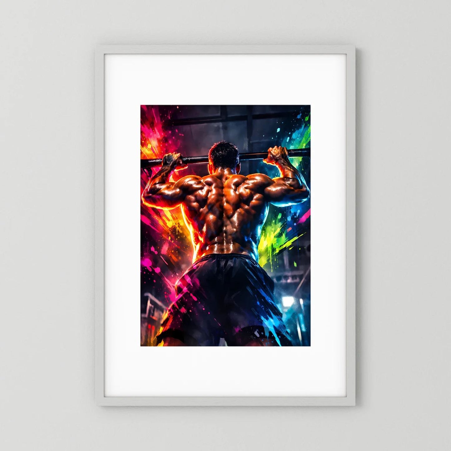 Bodybuilding-Wandbild Hochformat: muskulöser Rücken, farbige Grafik im weißen Rahmen