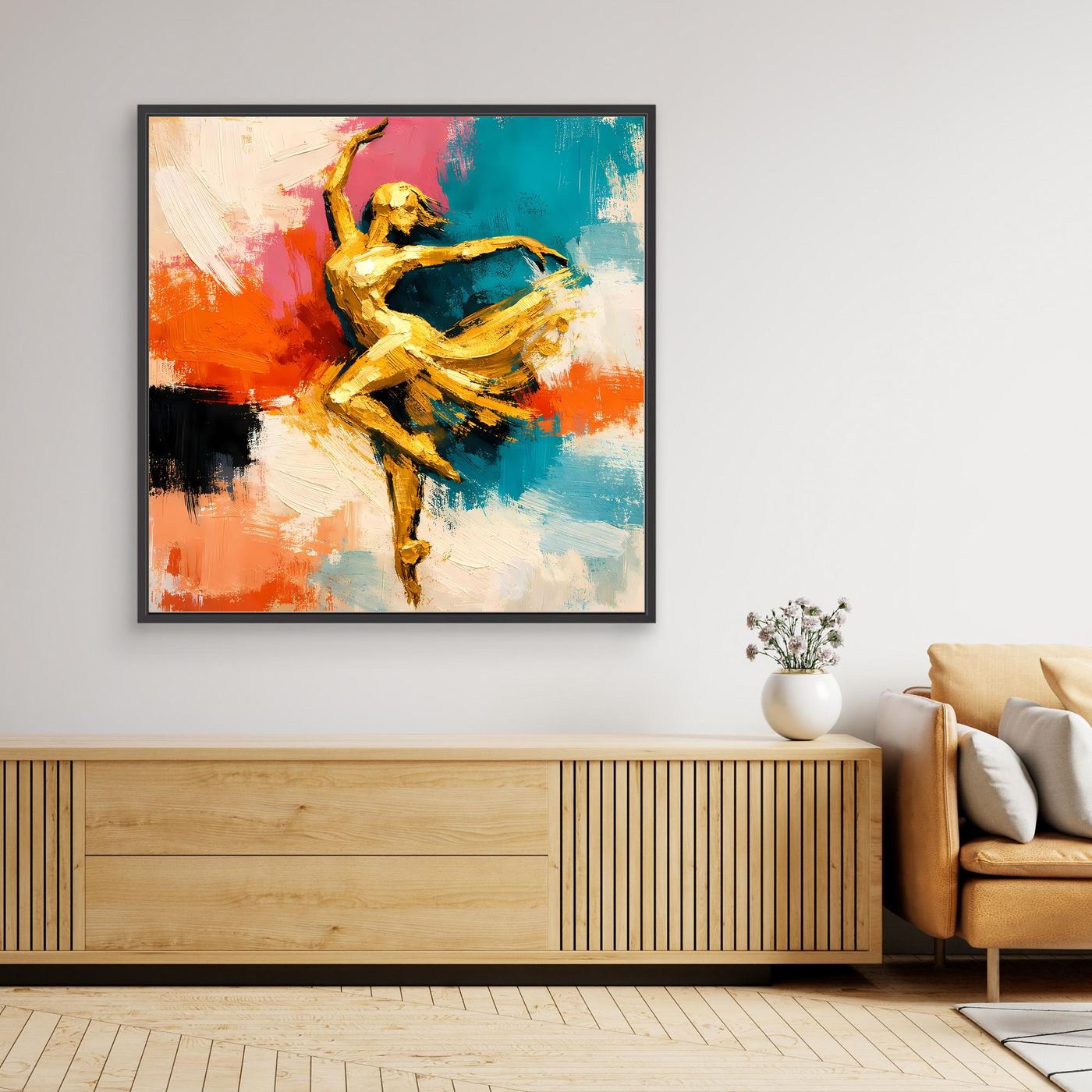 Leinwand Elegante Goldene Tänzerin im Flug | Abstraktes Ballett & Modern Art Wandbild