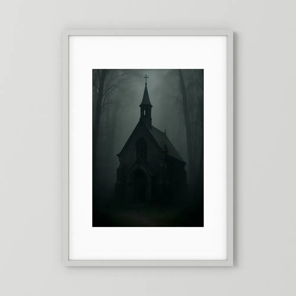 Gothic-Wandposter mit dunkler Kapelle im Wald, vertikal, im weißen Rahmen