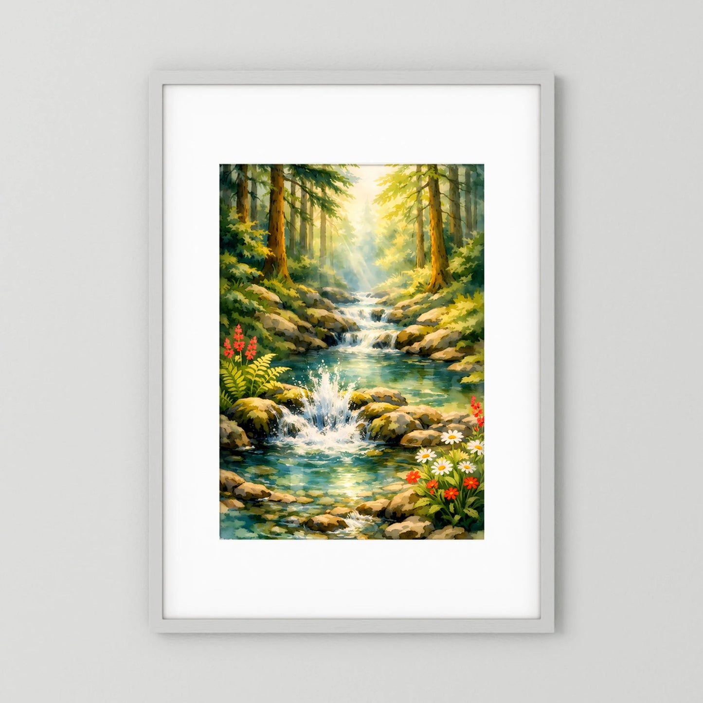 Hochformat-Poster: Waldlandschaft mit Wasserfall, Fluss und bunten Blumen im Wald