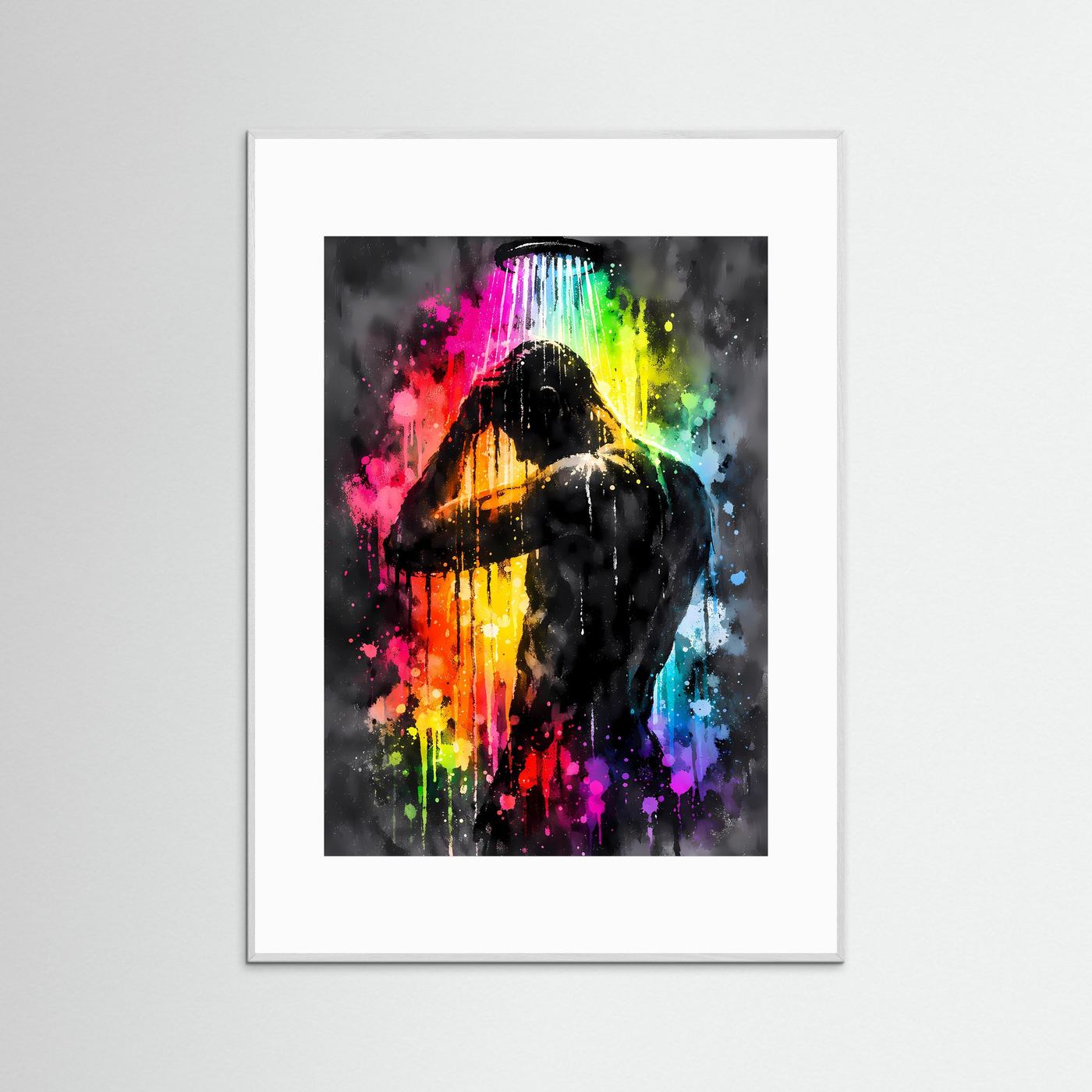 Die Kunst der Erfrischung | Neon Dusch-Poster mit männlicher Silhouette & Regenbogen-Farben | Abstraktes Pop-Art Kunstposter Hochformat