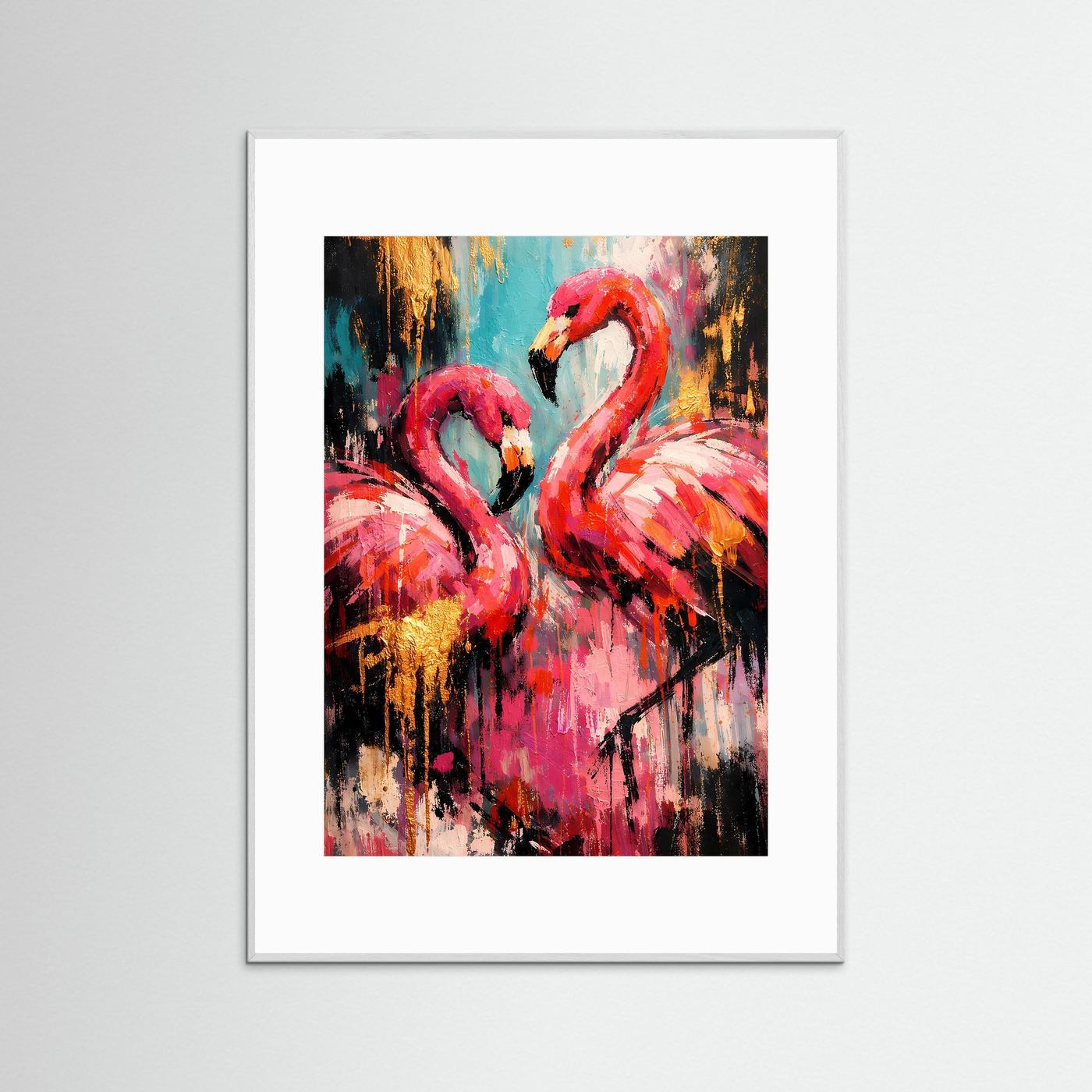 Fla mingo-Kunstposter im Hochformat mit türkis-roten Flamingos, weißem Rahmen