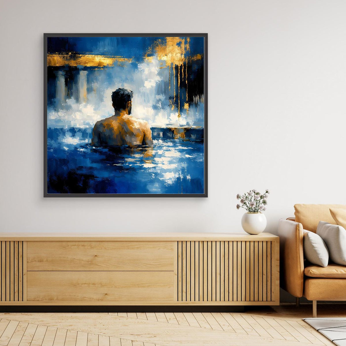 Gerahmtes Leinwand-Wandbild mit badendem Mann, blau-goldener Farbkomposition