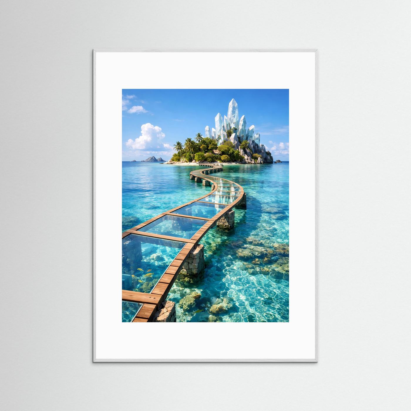 Poster hochformatig: türkisblaues Meer, gläserner Steg zur Kristallinsel, ohne sichtbaren Rahmen