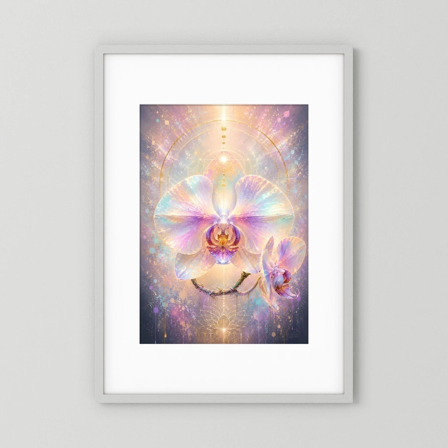 Gerahmtes Poster mit abstrakter Orchideenblüte in Pastellrosa, Violett, Türkis und Gold
