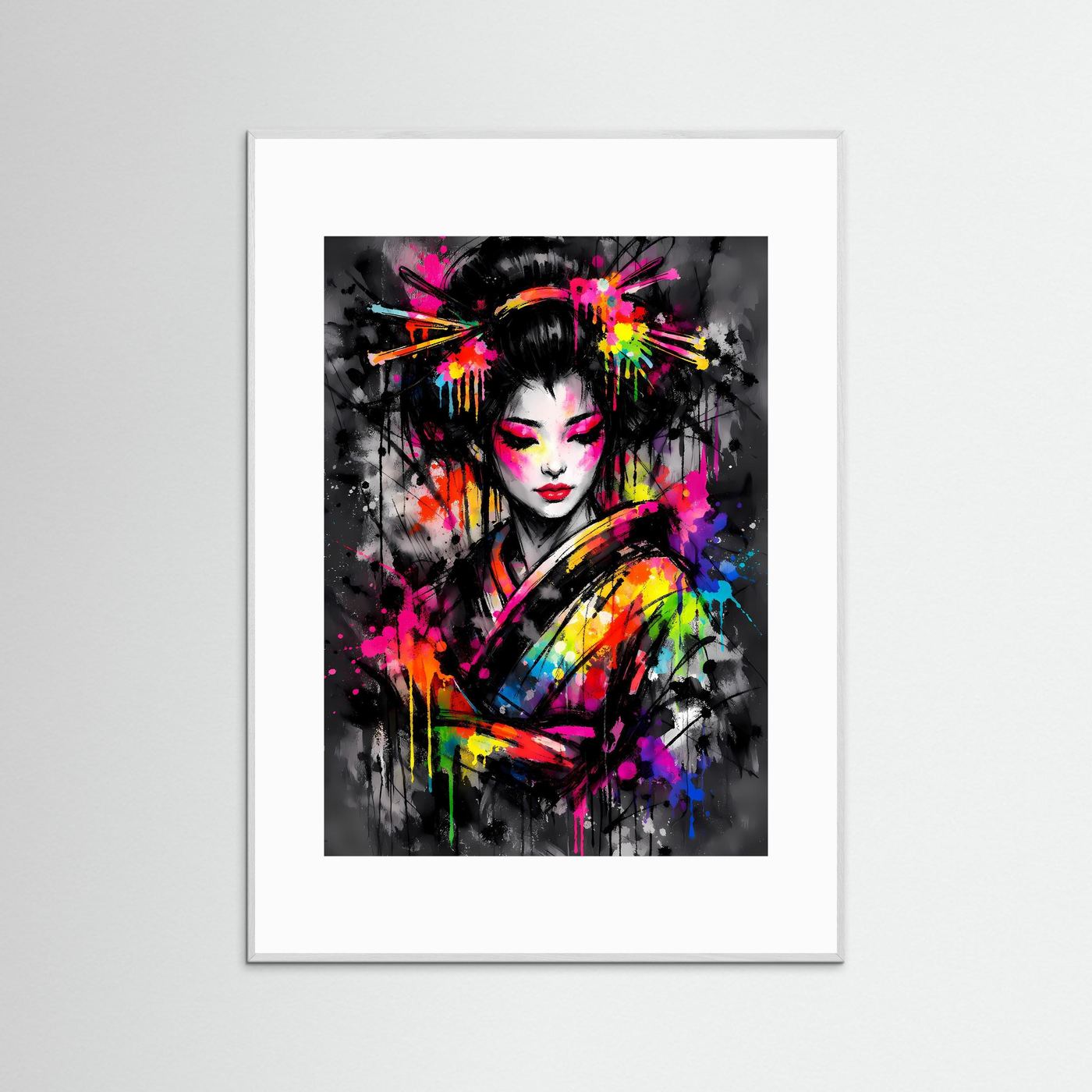 The Neon Geisha | Luxuriöses Geisha Poster Bunt & Dunkel | Abstraktes Japan Kunstposter Hochformat