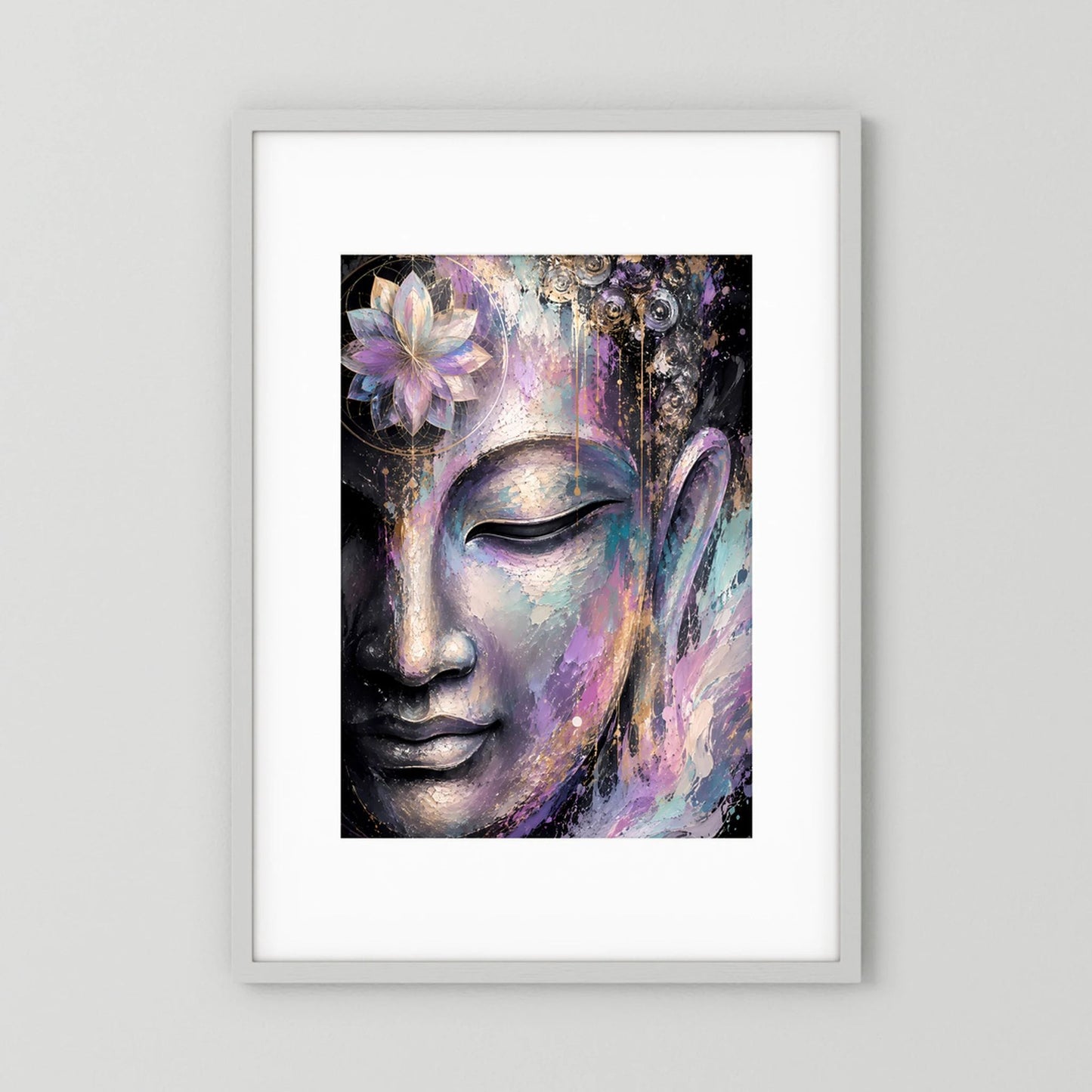 Hochformat-Kunstposter mit abstraktem Buddha-Gesicht und Lotus, violett, türkis, creme, Gold.