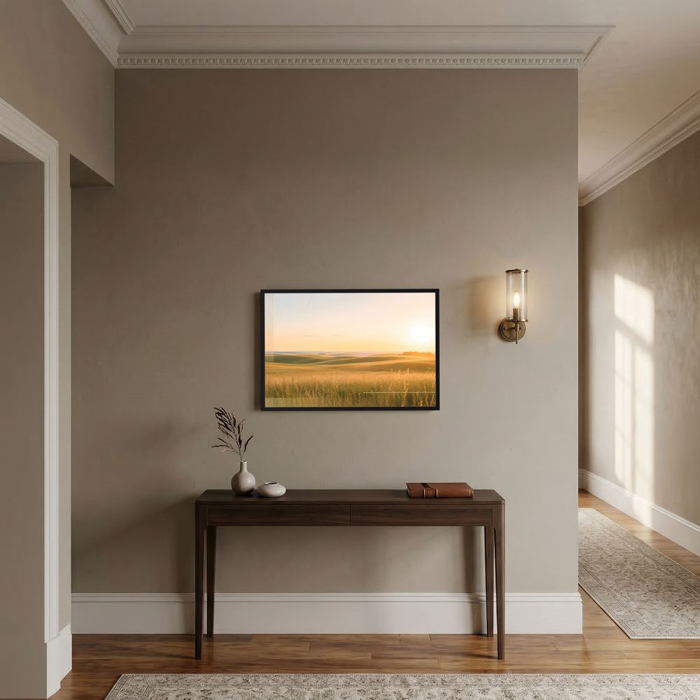 Querformat-Poster mit goldener Wiesenlandschaft im Sonnenuntergang, im schwarzen Rahmen