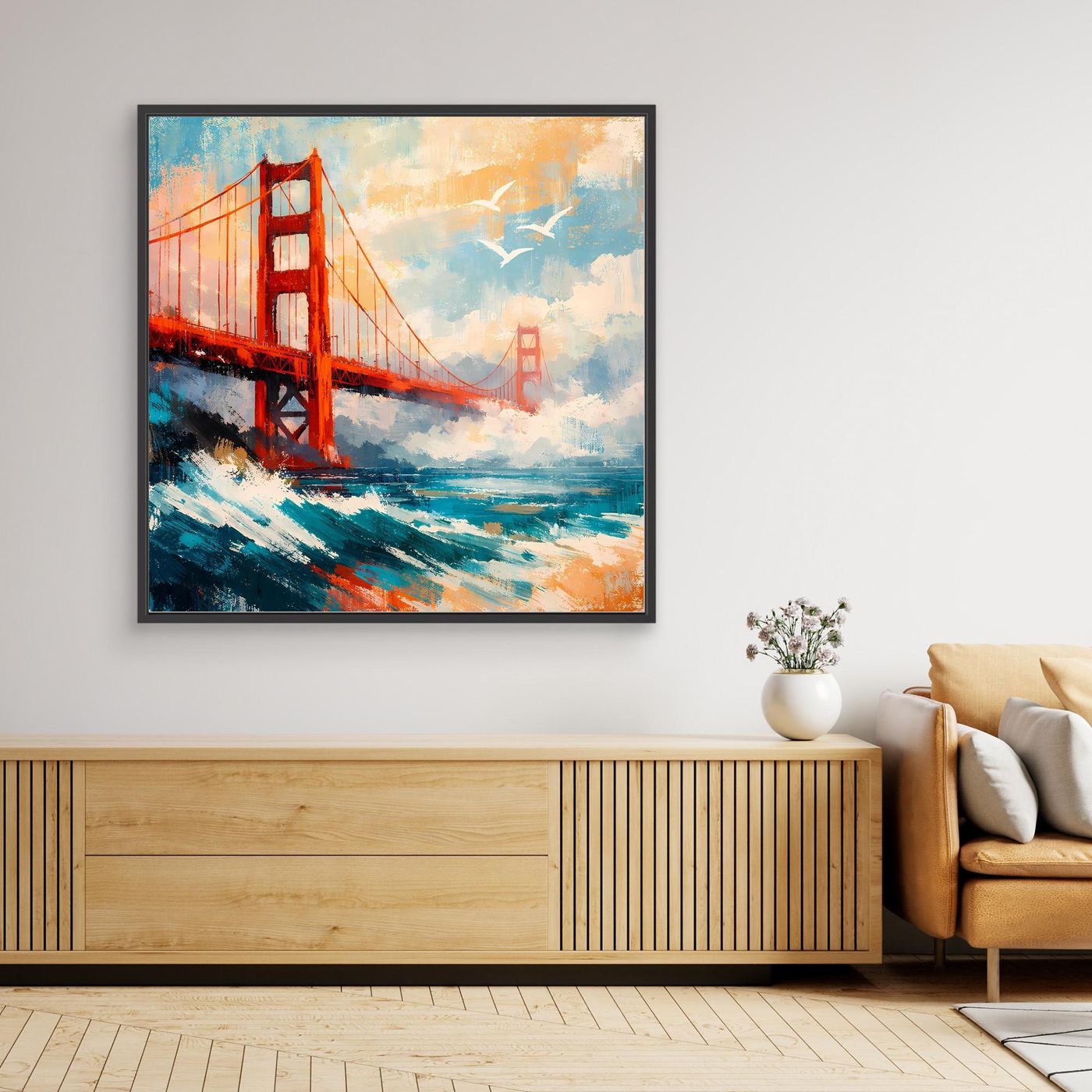 Leinwand-Wandbild mit abstrakter Golden-Gate-Brücke, farbige Wellen, schwarzer Rahmen