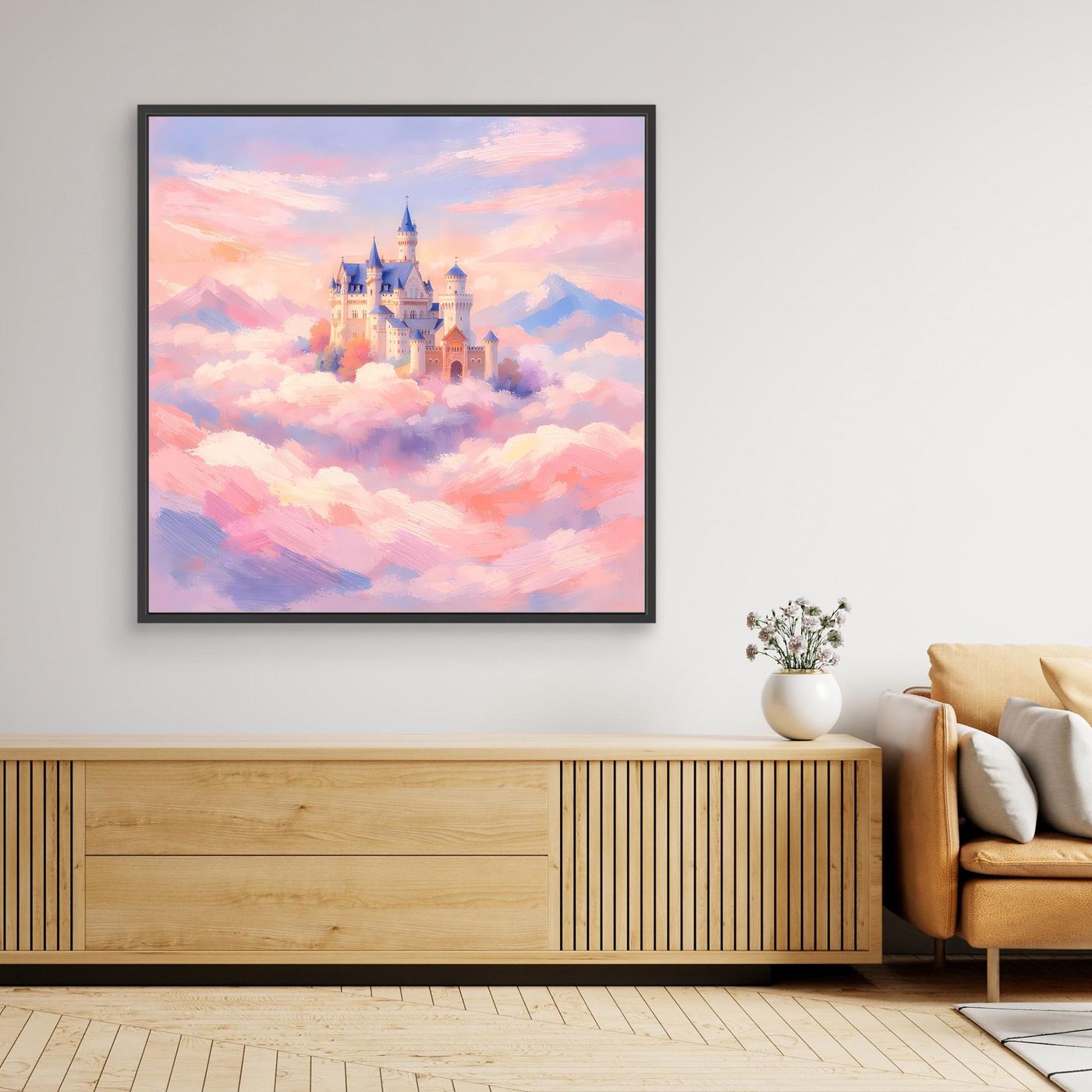 Leinwand Schloss Neuschwanstein über Wolken | Märchenhafte Pastelltöne Wandbild