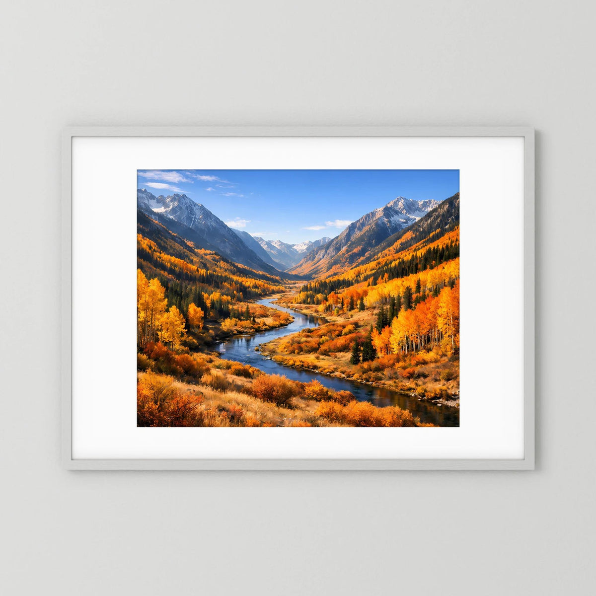 Poster im Querformat mit Bergtal und Fluss, weißer Rahmen