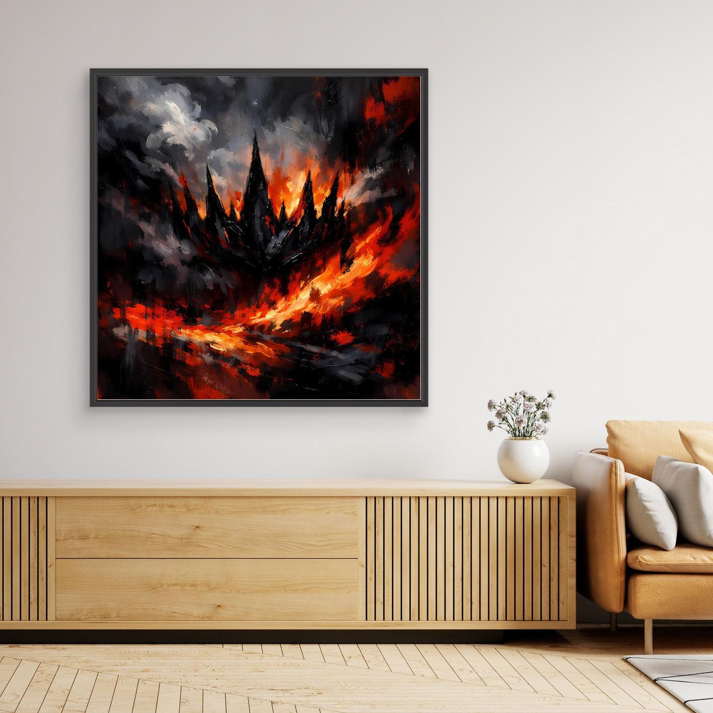 Quadratisches Wandbild auf Leinwand, abstraktes Fantasy Motiv mit Flammen, schwarzer Rahmen