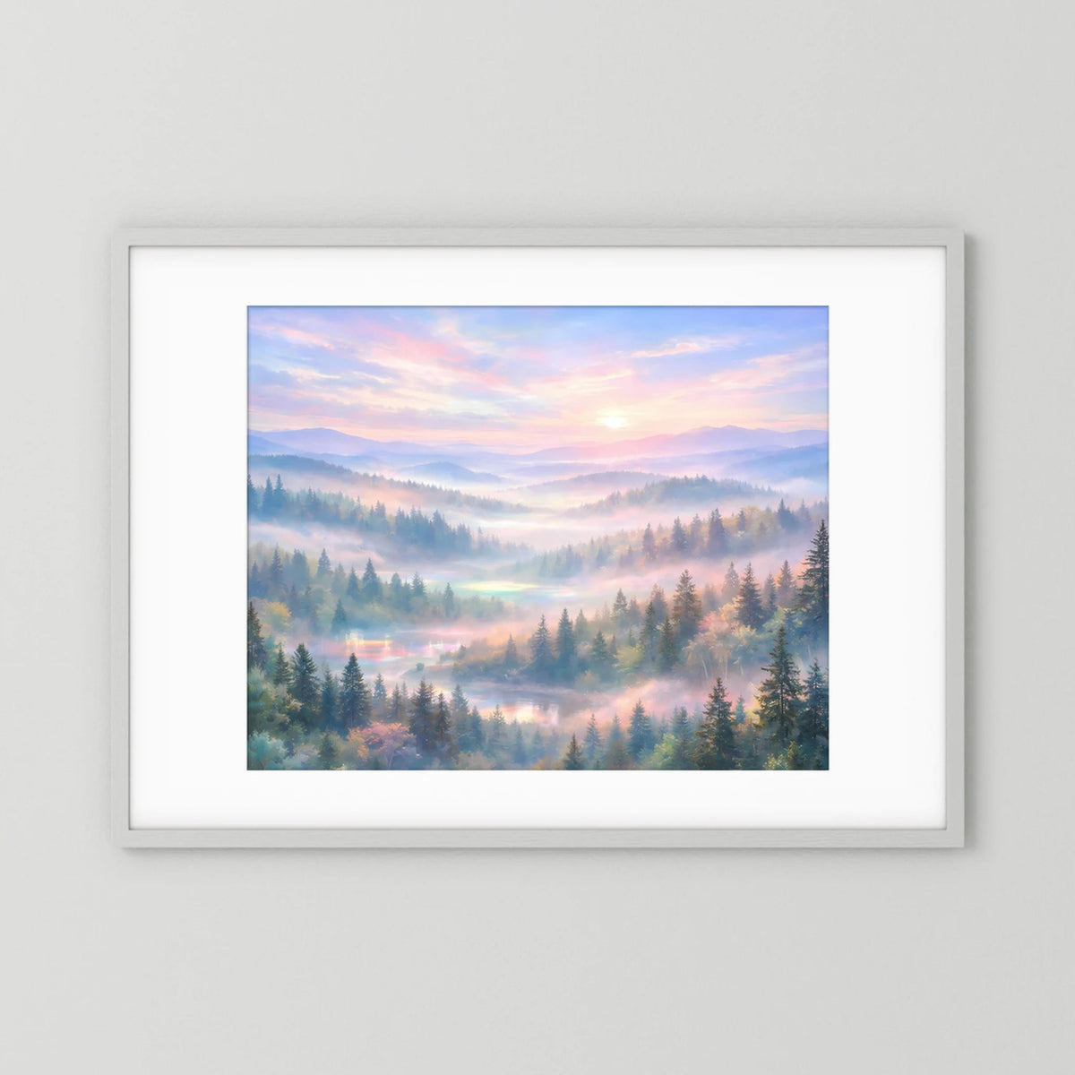 Gerahmtes Poster Waldlandschaft im Morgennebel, Querformat, weißer Rahmen