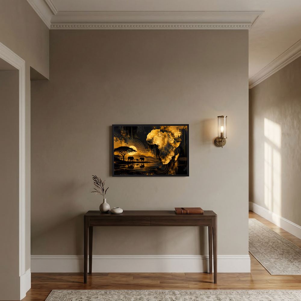 Querformat-Poster mit gold-schwarzem Elefanten- und Afrikakartenmotiv an der Wand
