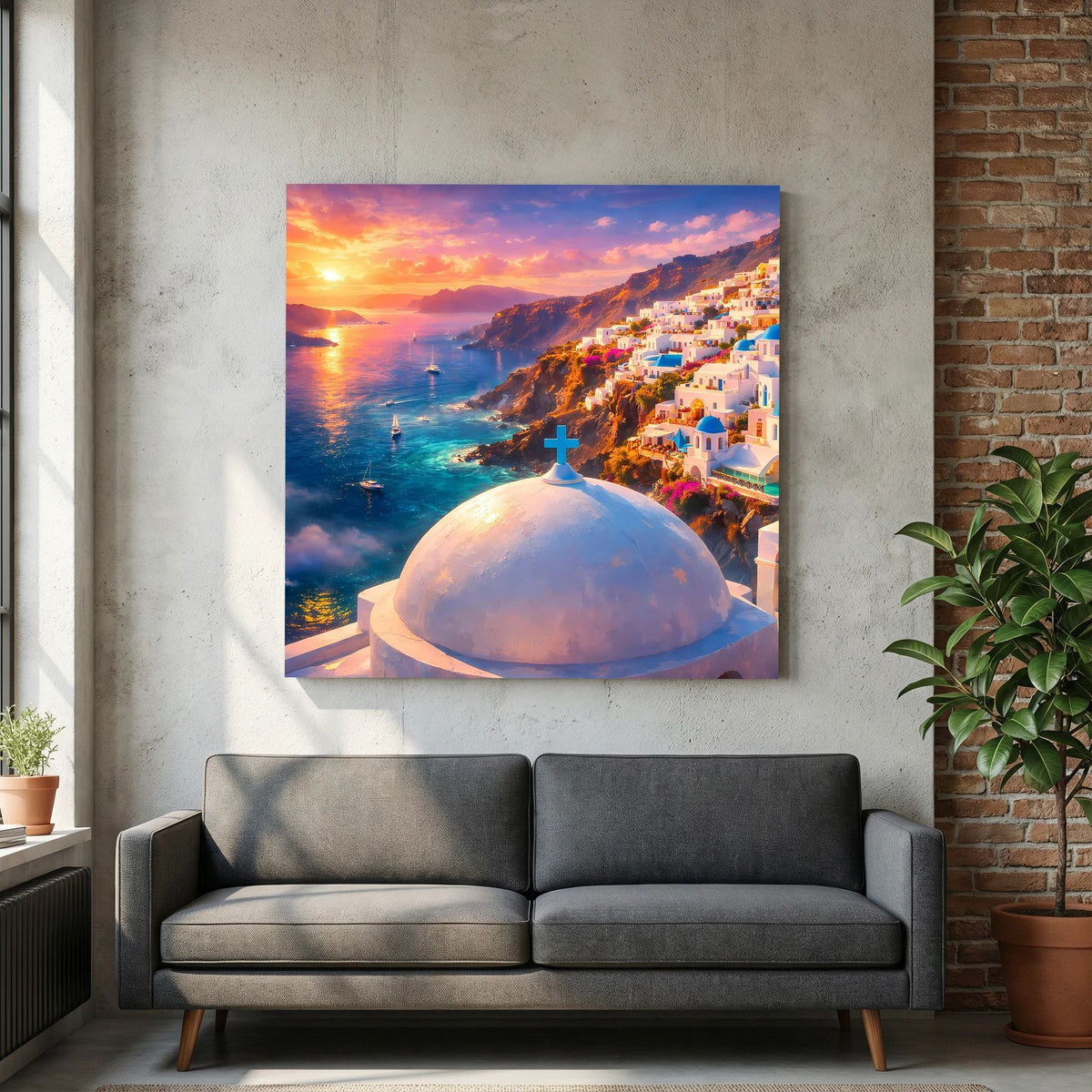 Leinwandbild mit Santorini-Sonnenuntergang, Küste und weißer Kuppel mit Kreuz