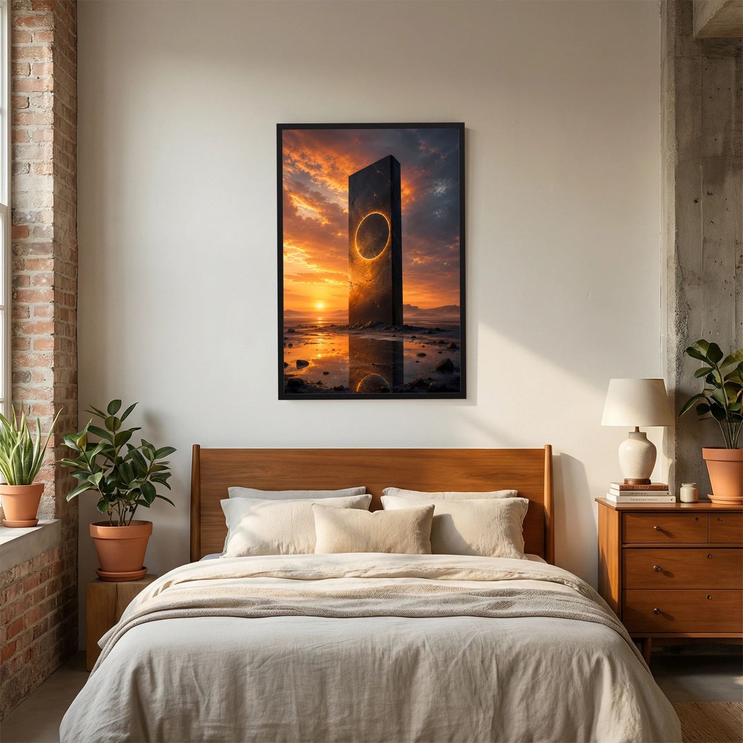 Hochformat-Poster im schwarzen Rahmen: schwarzer Monolith, goldener Ring und Sonnenuntergangsfarbe.