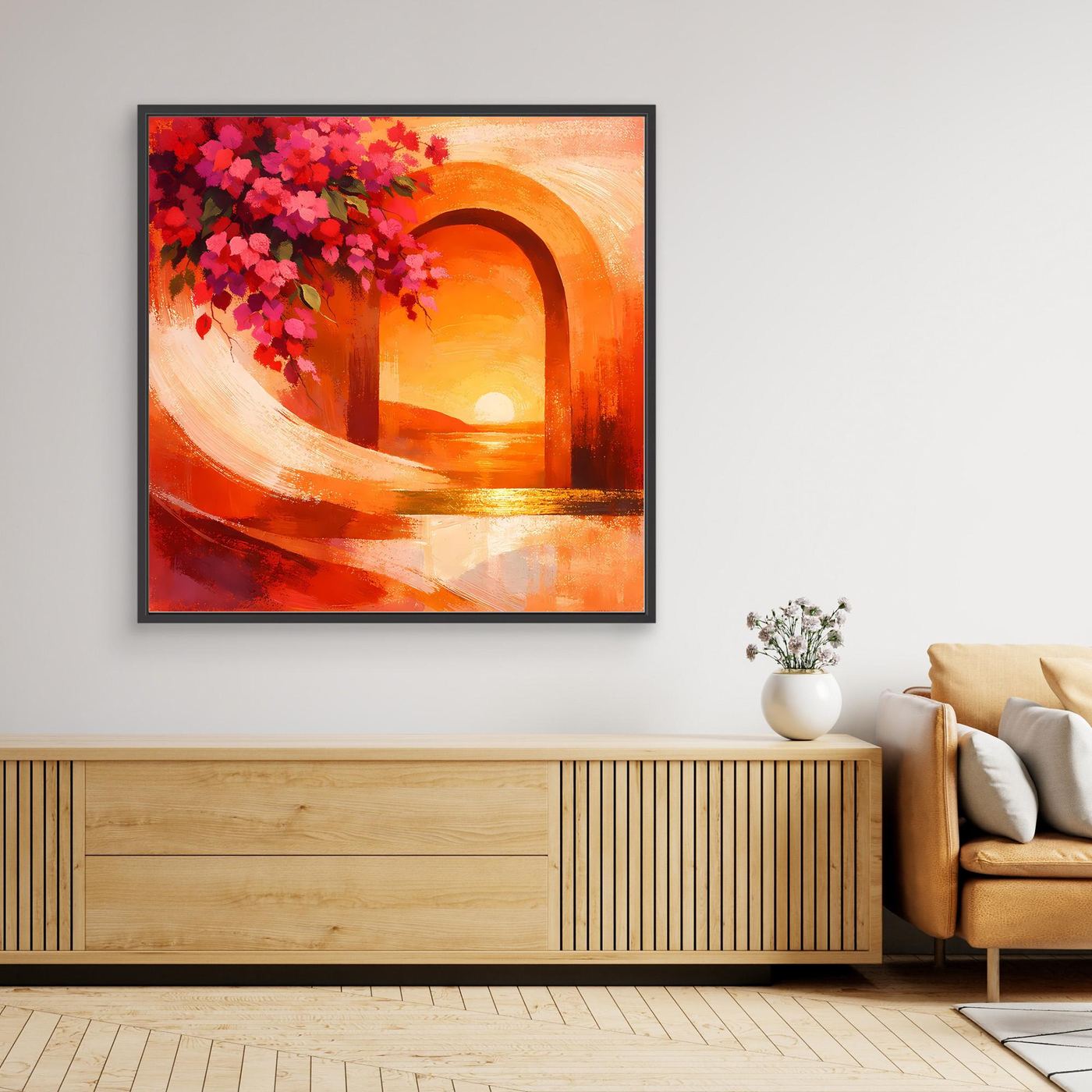 Gerahmtes Leinwandbild mit schwarzem Rahmen, roter Bougainvillea und orangefarbenem Sonnenuntergang