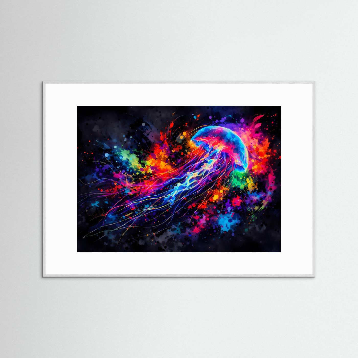 Abstraktes Quallen-Kunstposter mit Meduse und Farbexplosion, Querformat, weißer Rahmen.