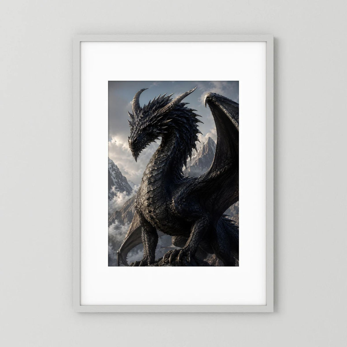 Gerahmtes Fantasy-Poster mit schwarzem Drachen im Hochformat