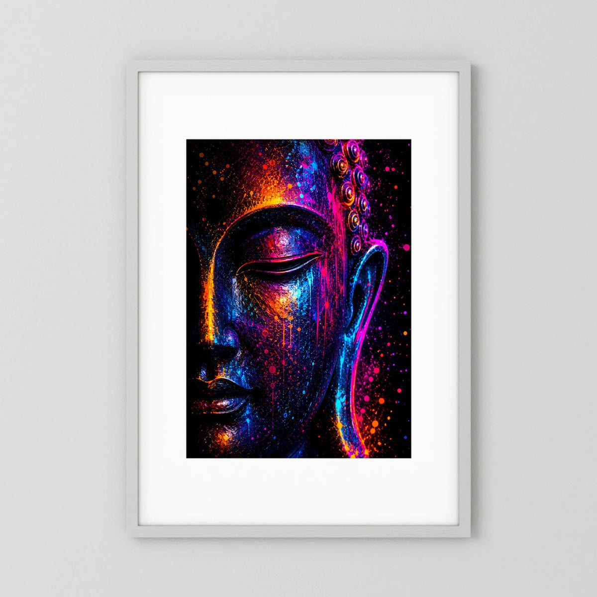 Gerahmtes Kunstposter mit abstraktem Buddha-Gesicht in Neon-Pink, Blau und Orange, Hochformat