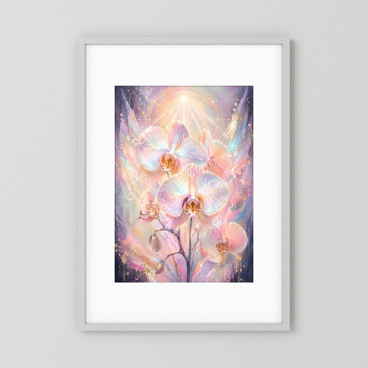 Hochformat-Poster mit Orchideen in Rosa, Gold und Perlmutt, abstraktem Design