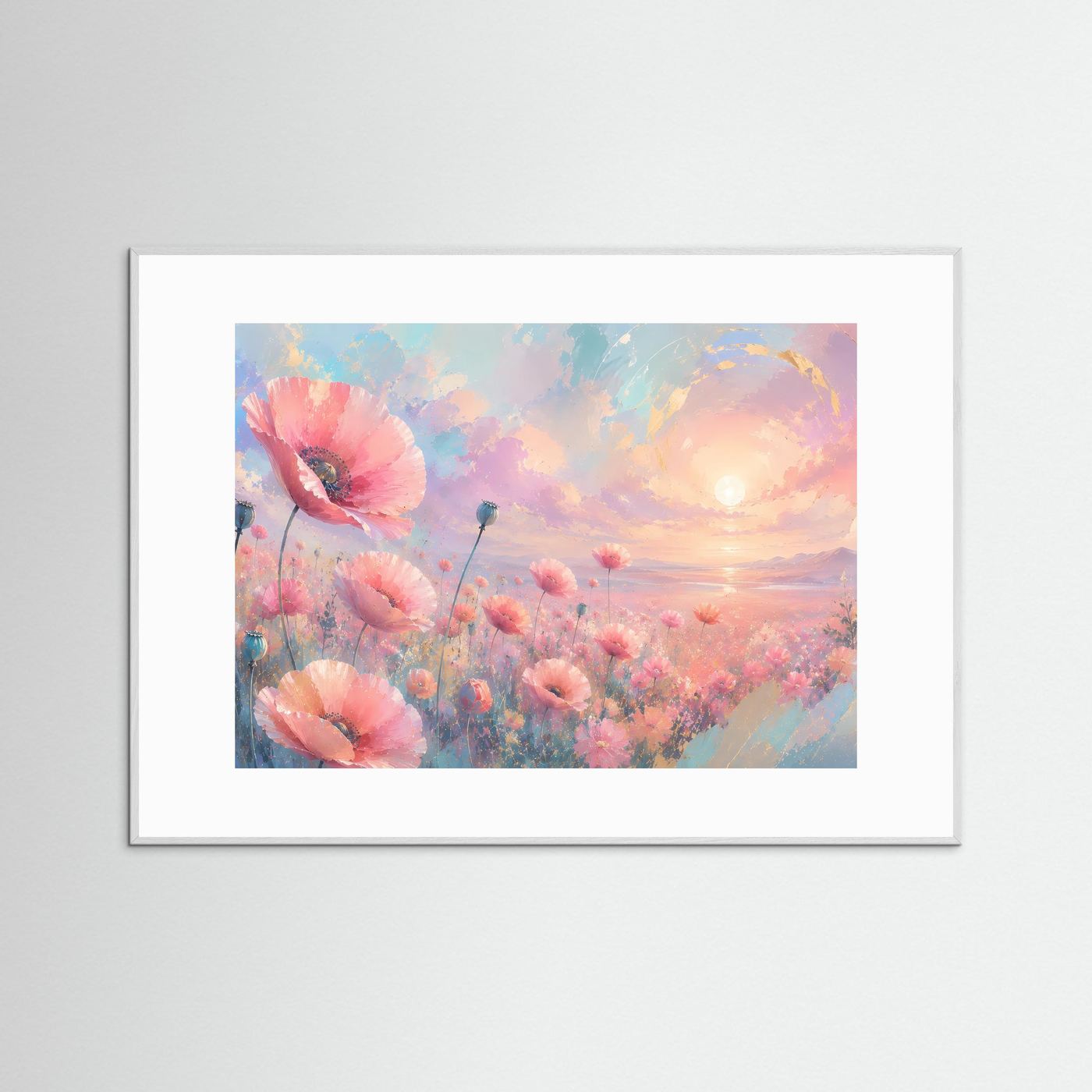 Mohnblumen Poster Querformat | Pastell Blumenfeld Wandbild | Romantische Moderne Naturkunst