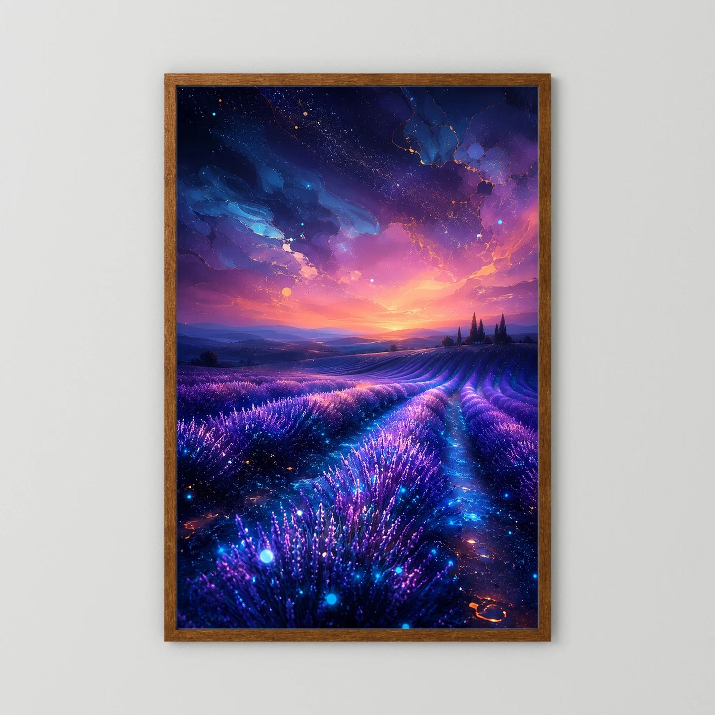 Hochformatposter mit lila Lavendelfeld, violettem Himmel und Sonnenuntergang, brauner Rahmen