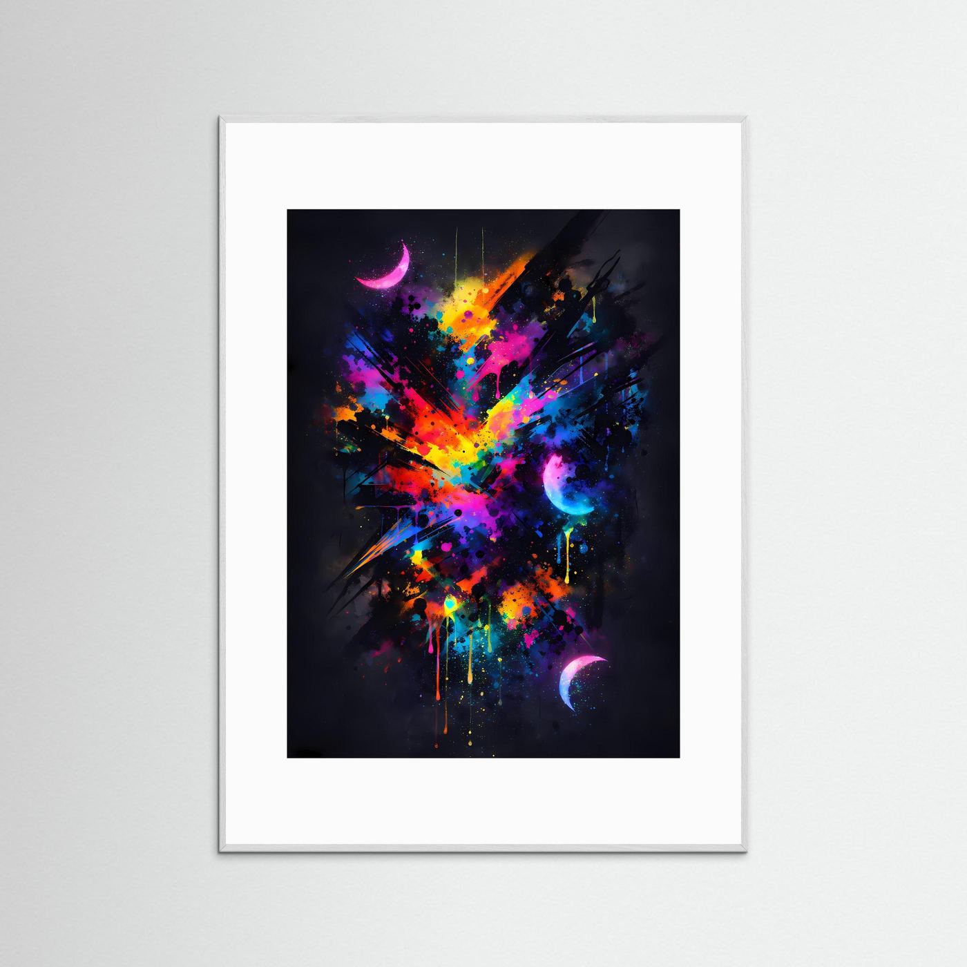 Die Kunst des Kosmos | Abstraktes Weltraum Poster in Neon-Farben & Schwarz | Modernes Galaxie Kunstposter Hochformat