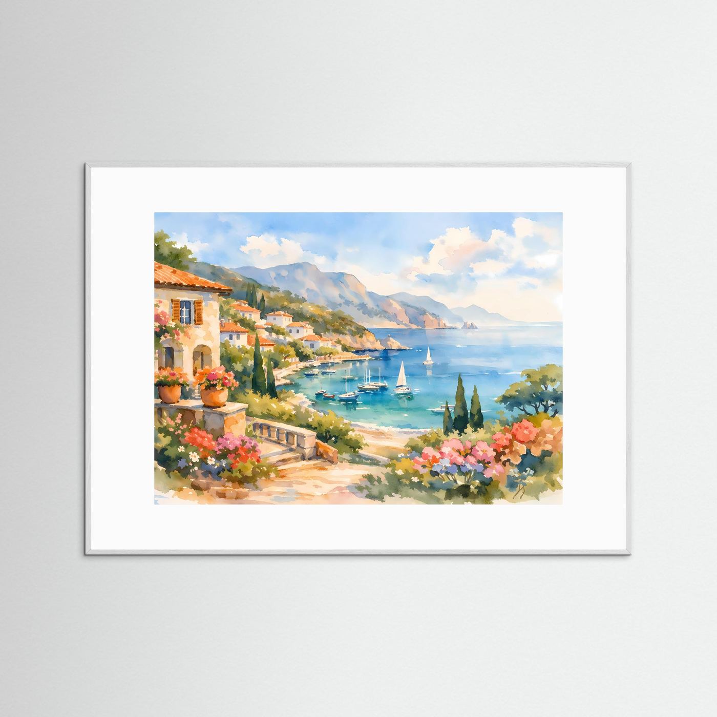 Mittelmeer Küstendorf im Aquarell-Stil | Mediterranes Panorama Poster Querformat